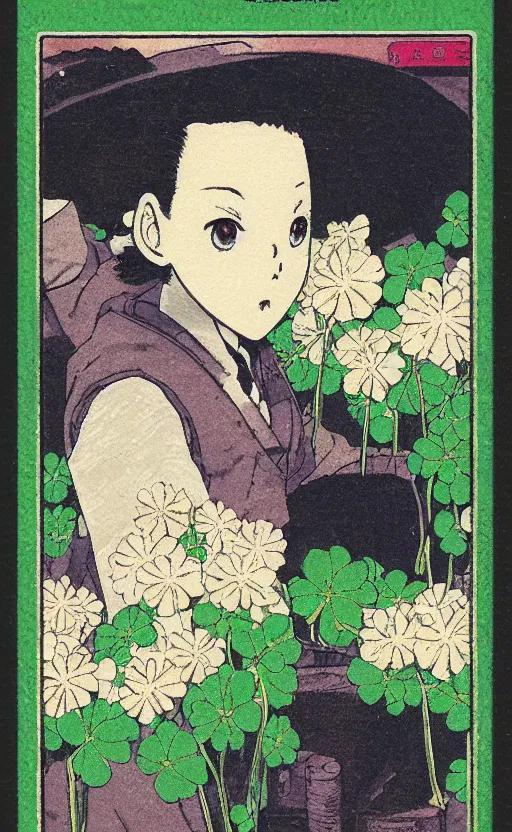 Prompt: by akio watanabe, manga art, a portrait of a clover, sunny day, trading card front