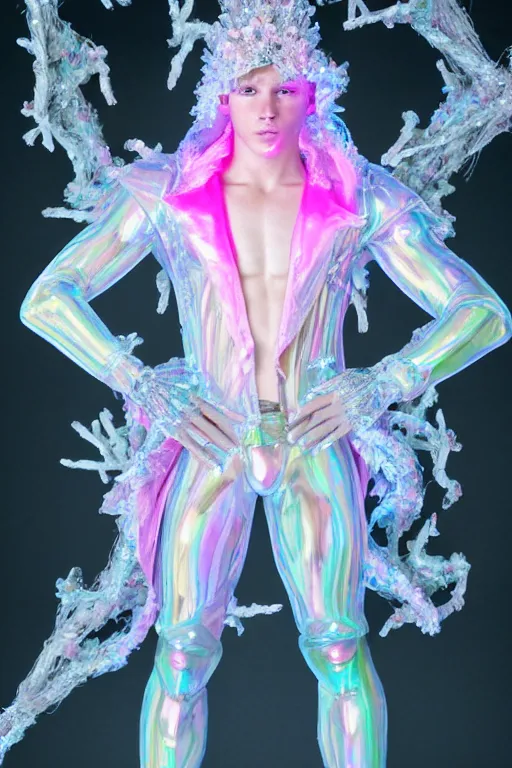 Prompt: full-body rococo and cyberpunk delicate neon crystalline sculpture of (((muscular slender Nick Jonas))) as an iridescent humanoid deity wearing a thin see-through ((plastic hooded cloak)) sim roupa (holding a human skull), reclining con (las piernas abiertas), glowing pink face, crown of (((white lasers))), large diamonds, swirling black silk fabric. futuristic elements. oozing glowing liquid, full-length view. space robots. intricate artwork by caravaggio. Trending on artstation, octane render, cinematic lighting from the right, hyper realism, octane render, 8k, depth of field, 3D