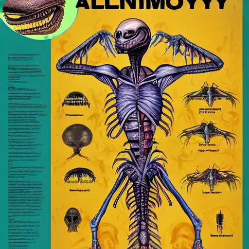 Image similar to alien anatomy Book, detailed, diagrams, high definition illustration