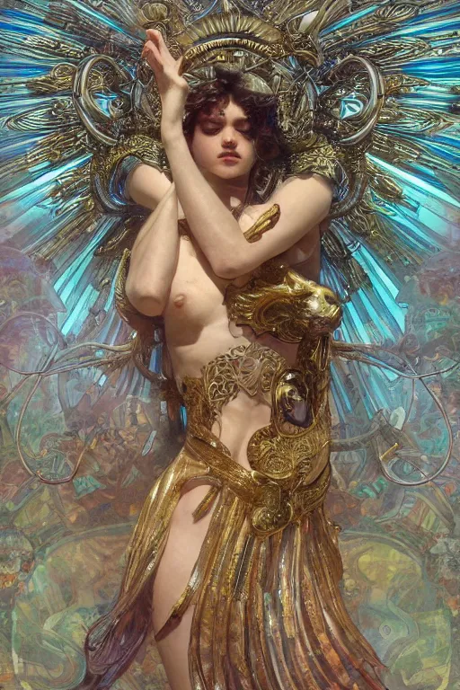 Prompt: a bull god angel of tranquility, hyper detailed, character concept, full body, dynamic pose, intricate, lineart, cerpuscular rays, by yoshitake amano, alfons mucha, 8 k, unreal