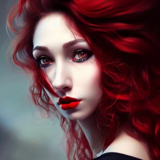 Image similar to a realistic illustration portrait of a beautiful cute girl with curly black and red hair, a pointy nose and, round chin black eyeliner, trending on artstation, hyper - realistic lighting, intricate, ross tran