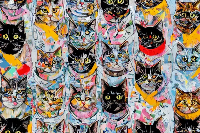 Prompt: a group of cat by Sandra Chevrier, colorful geometric pattern, flowers, plants