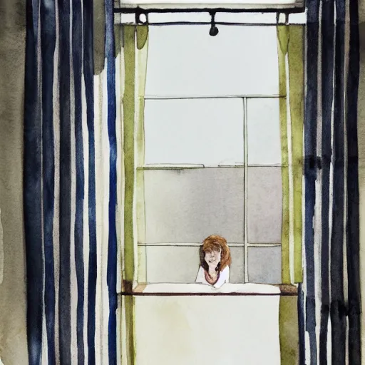 Prompt: person in pyjamas standing near window, sun rays, daylight, french door window, 2 4 mm, anamorph lenses, photorealistic, high ceiling, watercolor painting