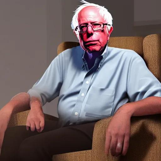 Image similar to bernie sanders in a lounge chair smoking a joint, detailled, realistic, hd, 8 k, art, cinematic lighting