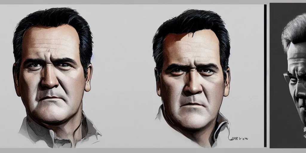 Image similar to bruce campbell portrait, contrast, kim jung gi, greg rutkowski, zabrocki, karlkka, jayison devadas, trending on artstation, 8 k, ultra wide angle, zenith view, pincushion lens effect