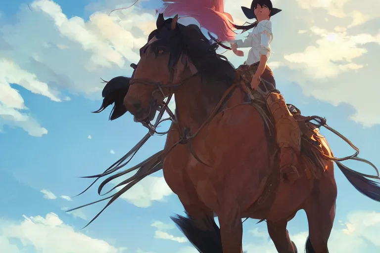 Image similar to western cowgirl, single subject, scenic full shot, ambient lighting, detailed face, by makoto shinkai, stanley artgerm lau, wlop, rossdraws