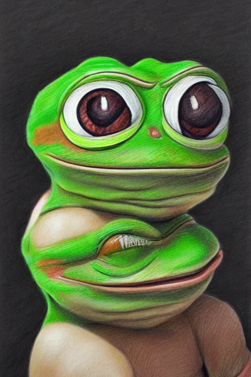 Image similar to portrait drawing of pepe the frog, ultra detailed highly realistic, trending on artstation, rule of thirds, extreme high detail, soft lighting, rim light, volumetric lighting and effects,