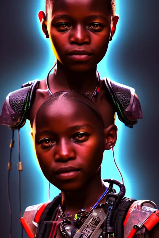 Image similar to a portrait of a young cyberpunk African child, biotech machine, photo realistic rendering with a cyberpunk style, dramatic cinematic lighting, highly detailed post processing, artstation, unreal engine, detailed face