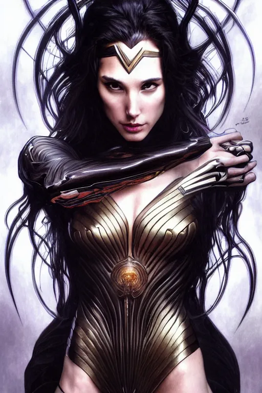 Prompt: very very beautiful longshot photo of chthonic spirit of Gal Gadot with demonic eyes and black veins, intricate, elegant, highly detailed, artstation, concept art, smooth, sharp focus, illustration, art by artgerm, alphonse mucha, Ayami Kojima, Beksinski, Giger