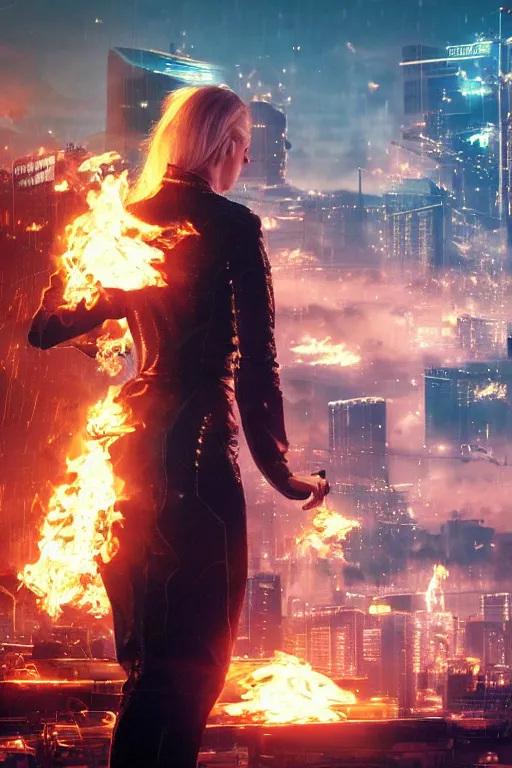 Prompt: in the foreground Saint Petersburg in cyberpunk, in the background a magnificent young blonde woman from behind playing with flames coming out of her hands wearing a long matrix-style jacket, realistic, high definition, many details, dramatic scene, symmetrical face, eyes realistic, art of Jock