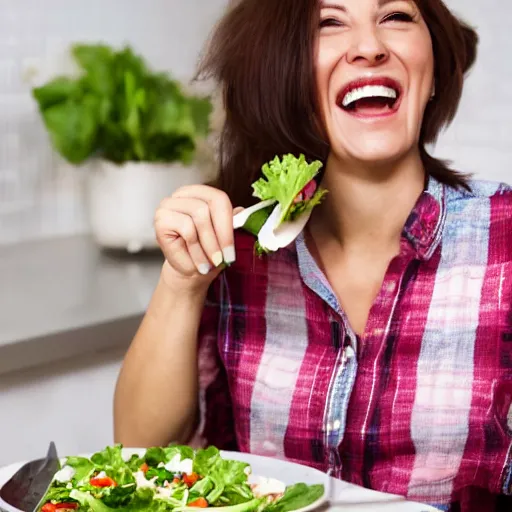 Image similar to Woman laughing and eating a salad, stock photo