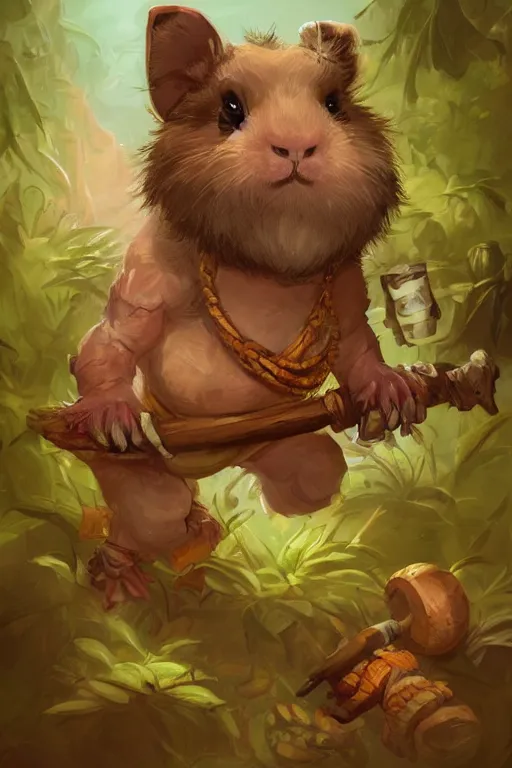 Image similar to cute little anthropomorphic Guinea Pig Indian Jungle native, tiny, small, short, wielding spear, cute and adorable, pretty, beautiful, DnD character art portrait, matte fantasy painting, DeviantArt Artstation, by Jason Felix by Steve Argyle by Tyler Jacobson by Peter Mohrbacher, cinematic lighting