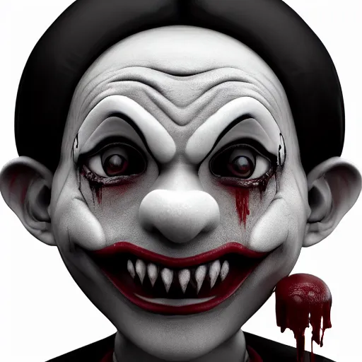 Image similar to black and white crying creepy clown smiling with sharp bloody teeth, highly detailed, sharp focus, octane render