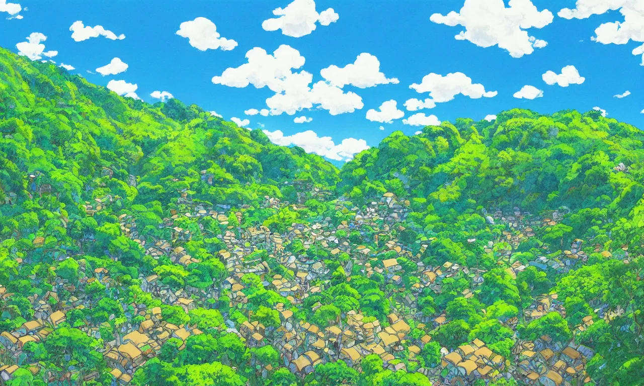 Image similar to a village down the mountain, river across the painting, blue sky, summer, green, sunshine, trees, by studio ghibli and hayao miyazaki, wide angle