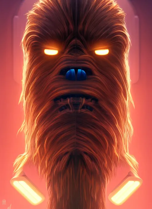 Image similar to symmetry!! portrait of chewbacca, sci - fi robot arm, tech wear, glowing lights!! sci - fi, intricate, elegant, highly detailed, digital painting, artstation, concept art, smooth, sharp focus, illustration, art by artgerm and greg rutkowski and alphonse mucha