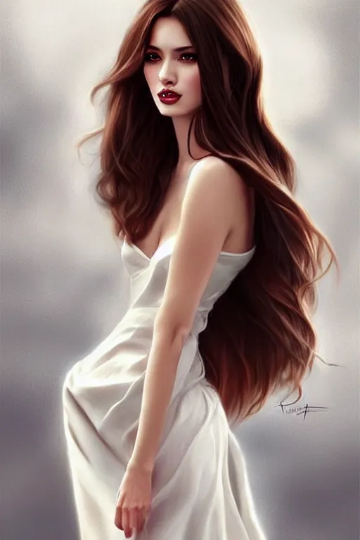 Prompt: Portait of a very very attractive woman with large brown hair in silk white dress, smirking face, femme fatale vibes, intricate, elegant, fantasy, smooth, art by artgerm