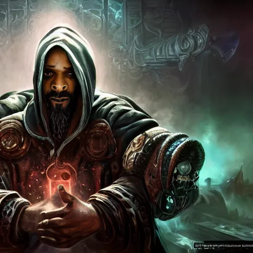 Image similar to portrait of snoop dogg as the grim reaper, league of legends amazing splashscreen artwork, gears of war, splash art, natural light, elegant, photorealistic facial features, intricate, fantasy, detailed face, atmospheric lighting, anamorphic lens flare, cinematic lighting, league of legends splash art, hd wallpaper, ultra high details by greg rutkowski