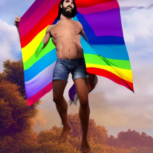 Prompt: super very gay jesus, jesus holding gay flag, jesus kissing a man, realistic gay jesus, 4 k, trending on artstation, beautiful, gay, gay pride, jesus, christian, studio lighting