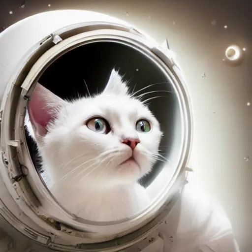 Image similar to cute little white cat in space with big eyes, hyper realistic, natural light, cozy atmospheric and cinematic lighting