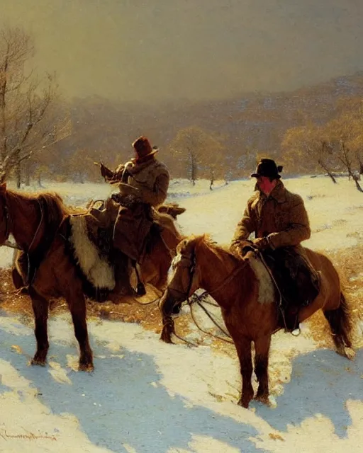 Prompt: handsome men reminisce about the end of autumn in a snow covered pasture, warm colors, hard angles, painting by gaston bussiere, craig mullins, j. c. leyendecker