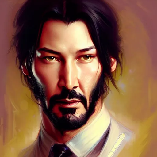 Image similar to Portrait of Keanu, D&D, face, fantasy, intricate, elegant, highly detailed, digital painting, artstation, concept art, smooth, sharp focus, illustration, art by artgerm and greg rutkowski and alphonse mucha