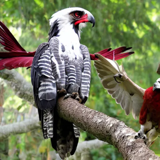 Prompt: Harpy eagle and red cardinal hybrid, real photo from zoo,