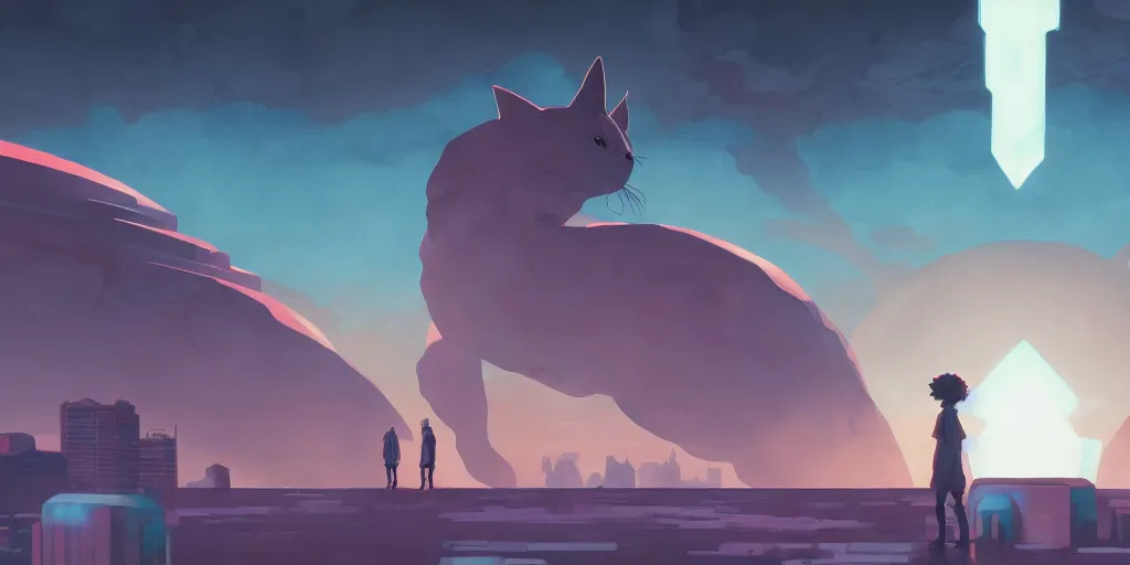 Prompt: sci - fi, matte gouache illustration, gigantic cat speaking to floating women in the air, cubes of ice around, a lot of tears, people crying, ominous, style by moebius and satoshi kon, epic anime composition, full - shot, 8 k