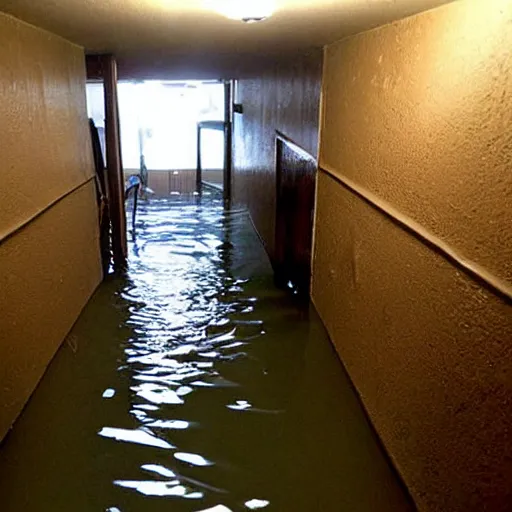 Prompt: a flooded basement hallway. the ceiling is flooded. craiglist photo.