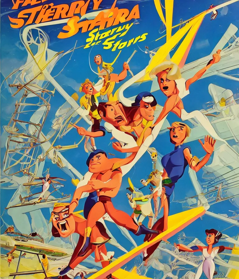 Image similar to Hannah Barbera cartoons of Five Star Stories as Whacky Races, promotional poster super detailed , xpensive production, realistic style, gouache colors, Hollywood retro cartoon poster, golden era of animation work