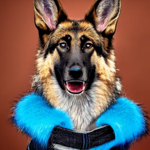 Prompt: 4 k high resolution, hdr photo of an animal hybrid of a german shepherd and a fox, with blue fur and blue eyes, award winning studio photography