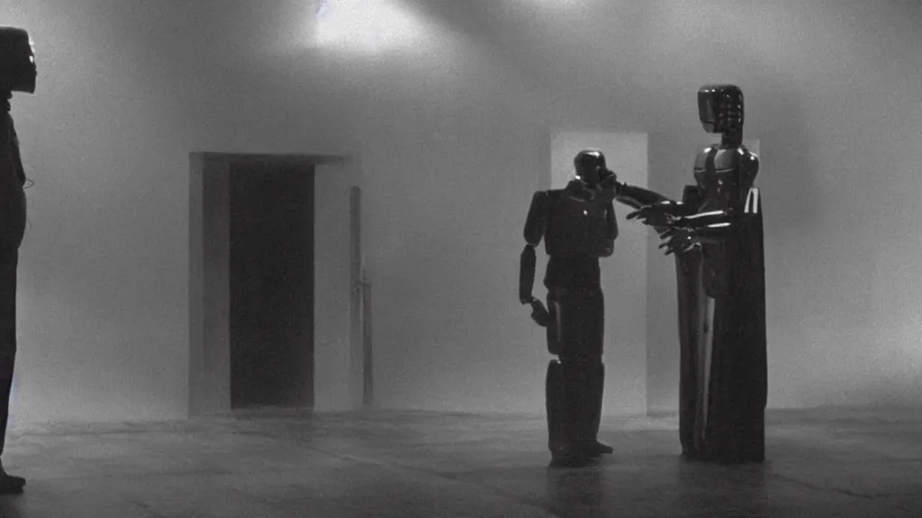 Image similar to scene of a man and a robot moment of jealousy, movie still, cinematic composition, cinematic light, by david lynch and andrzej zuławski