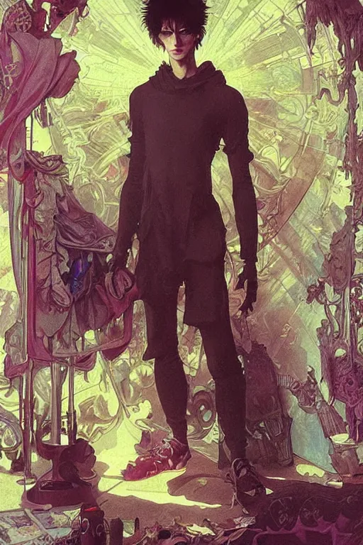 Image similar to a skinny goth guy standing in a cluttered 9 0 s bedroom, full body character concept art, vaporwave colors, intricate, elegant, highly detailed, digital painting, artstation, concept art, smooth, sharp focus, illustration, art by artgerm and greg rutkowski, and alphonse mucha