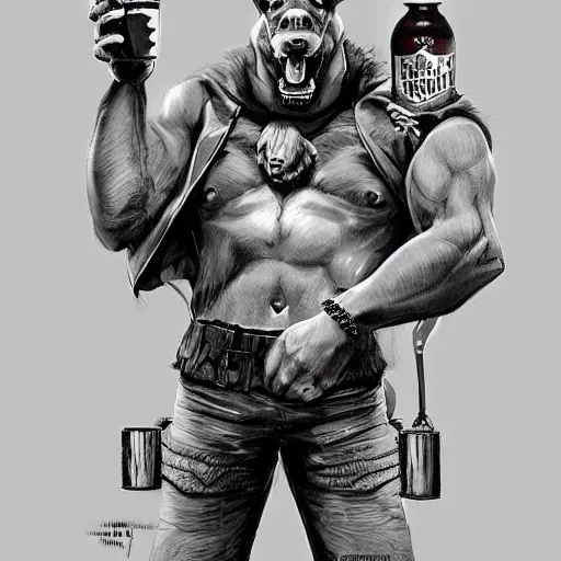 Image similar to a humanoid german shepherd beast - man in military style, holding a bottle of beer, artstation, concept art, smooth, sharp foccus ilustration, artstation