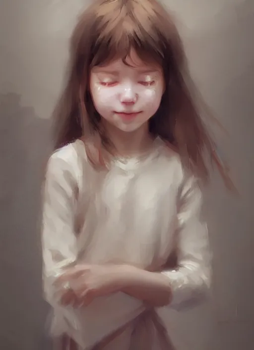 Prompt: realistic tender portrait of a young cute girl who is crying but has a slight smile, symmetrical eyes, portrait illustration, trending on artstation, characterdesign, sharp focus, illustration, art by ruan jia, ghibli, elena shumilova, leah robinson