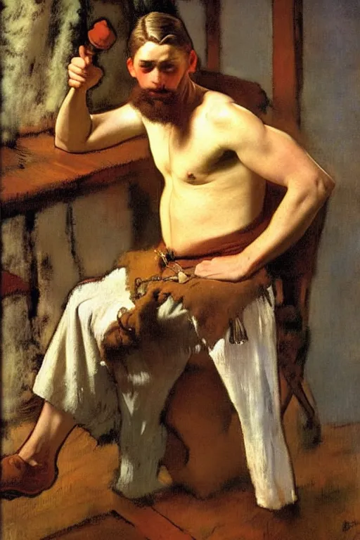 Image similar to attractive male, viking, painting by j. c. leyendecker, edgar degas