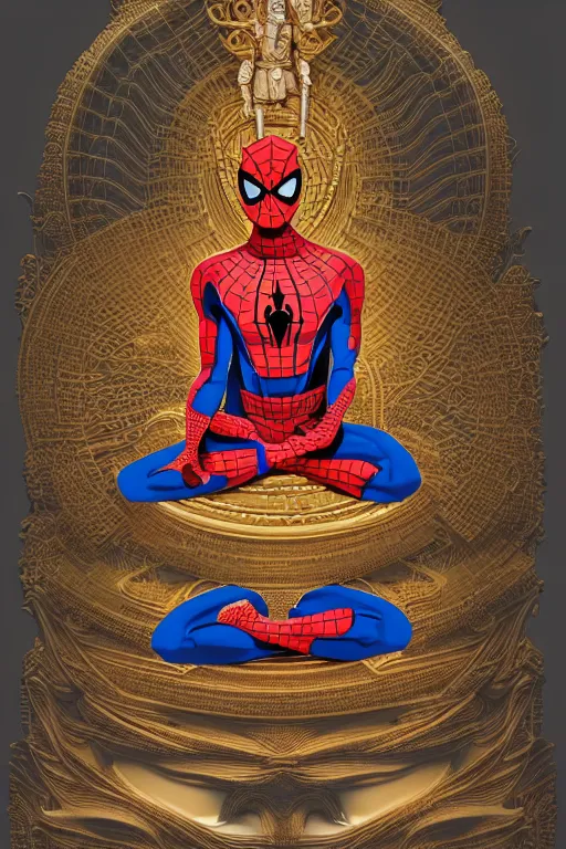 Image similar to digital masterpiece illustration concept art of porcelain statue of buddha gautama as spiderman, virasana, lotus, padmasana, extremely detailed and intricate complexity, epic composition, magical atmosphere, cinematic lighting, wide long shot, trending on artstation, 8 k