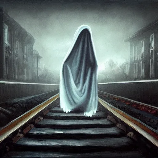 Prompt: ominous bedsheet ghost floating in front of a train, oil painting, brush strokes, gloomy foggy atmosphere, symmetrical, full body image, highly ornate intricate details,