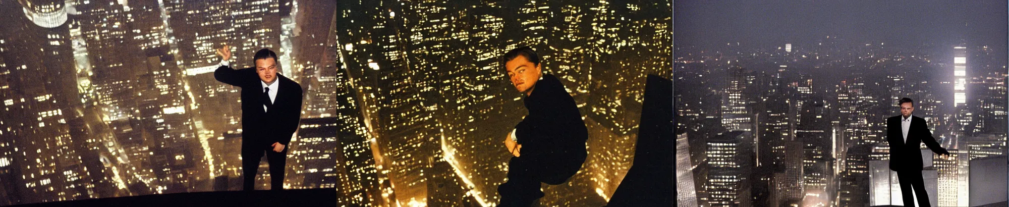 Prompt: Leonardo DiCaprio on the top of the world trade center, 25mm camera, 1990's, night time.