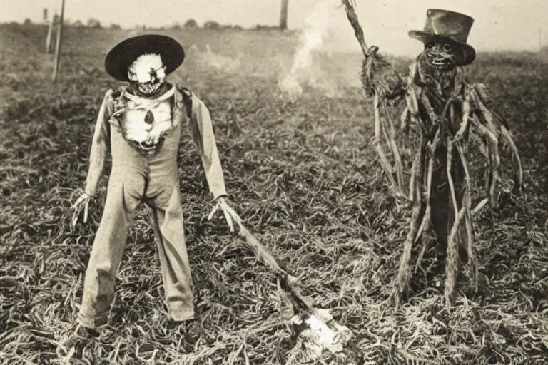 Prompt: disturbing scarecrow from the early 1 9 0 0's burning down the cornfields