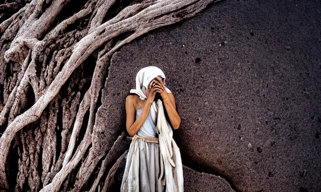 Prompt: medium shot of a nondescript crying ancient dried up Danu, peaceful, facing the camera and standing in front of a dried up river in a desolate land, dead trees, blue sky, hot and sunny, highly-detailed, elegant, dramatic lighting, artstation, 4k, cinematic landscape, photograph by Elisabeth Gadd