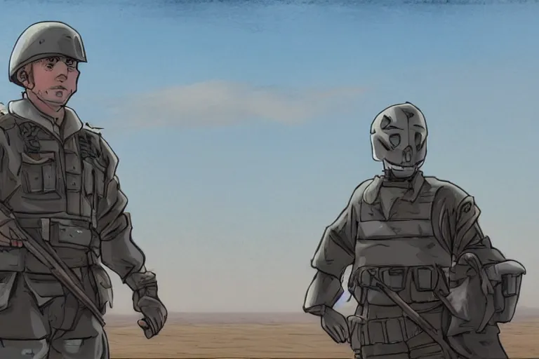 Prompt: sergeant dornan is standing in the desert near a closed hangar, a small ripple in the air from the heat, glare from the sun on metal surfaces, realistic proportions, anime style ghost in armor