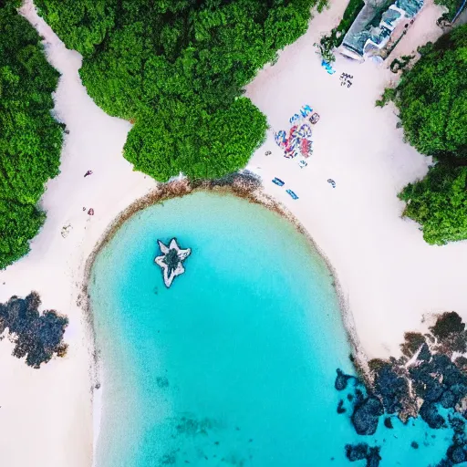 Prompt: beautiful tropical island, ariel shot, drone photo, clear blue water