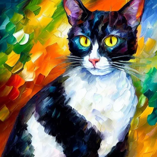 Prompt: portrait painting of a tuxedocat wearing a silver crown and necklace by Leonid Afremov