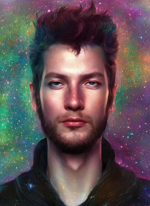 Prompt: masterpiece portrait of a cosmic man, au naturel, hyper detailed, digital art, trending in artstation, cinematic lighting, studio quality, smooth render, unreal engine 5 rendered, octane rendered, art style by klimt and nixeu and ian sprigger and wlop and krenz cushart and riot and overwatch