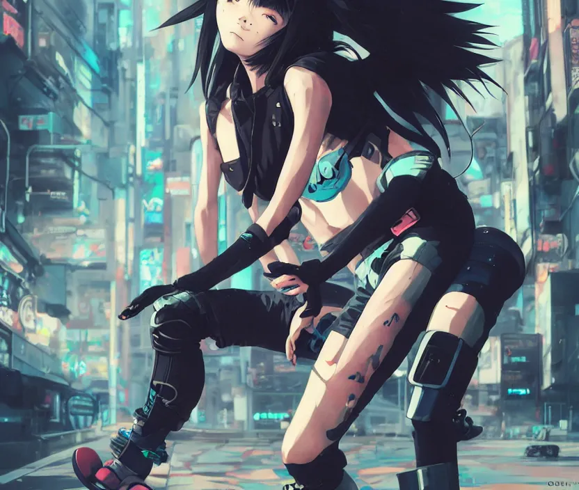 cyberpunk anime girl flip skateboard, sport, neonpunk,, Stable Diffusion