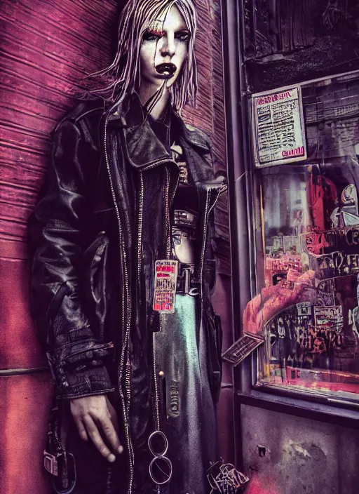 Image similar to portrait photo, 3 5 mm lomography, female doorwoman, gang clothing fashion, id magazine, by david cronenberg, hyperrealism, detailed textures, photorealistic, cyberpunk apocalyptic city, ultra realistic, cinematic, intricate, cinematic light, 8 k, david la chapelle, david kostic, artgerm