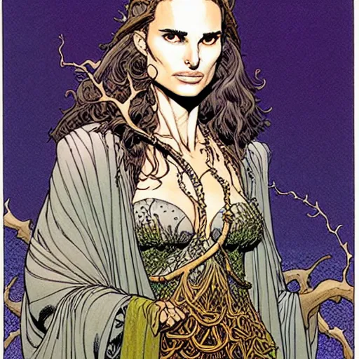 Prompt: a portrait of natalie portman as a druidic wizard by rebecca guay, michael kaluta, charles vess and jean moebius giraud