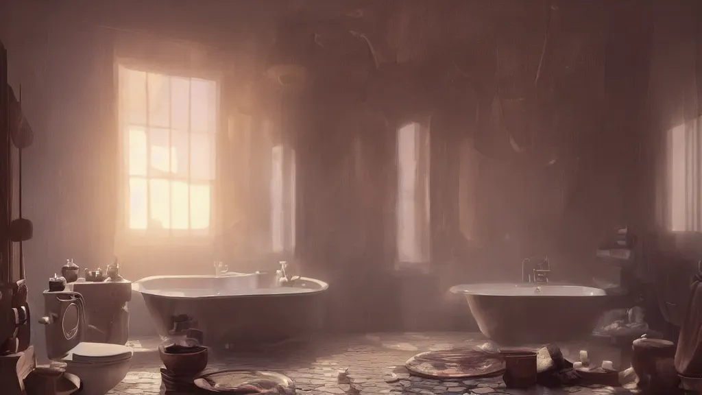 Image similar to a photorealistic hyperrealistic render of an interior of a beautifully decorated cozy bathroom by pixar, greg rutkowski, wlop, artgerm, dramatic moody sunset lighting, long shadows, volumetric, cinematic atmosphere, octane render, artstation, 8 k