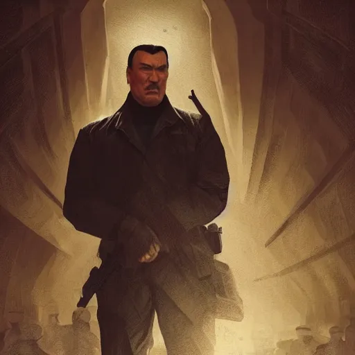 Prompt: sad steven seagal in jail cell, intricate, highly detailed, digital painting, artstation, concept art, smooth, sharp focus, illustration, art by greg rutkowski, patriotic!