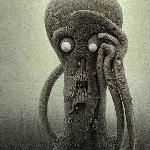 Prompt: squidward beksinski, spine chilling eldritch, terrifying, creepy creature, horror spooky
